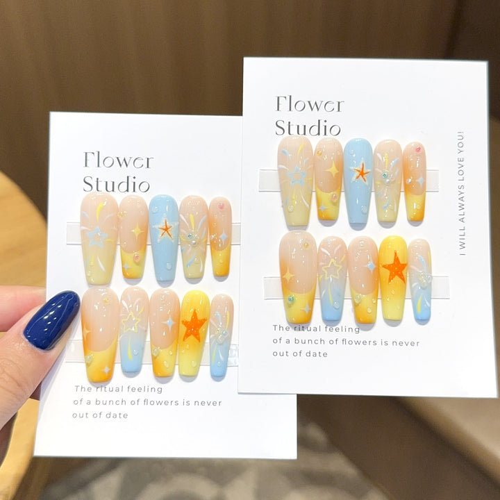 Artificial Nails Set with Colorful Stars and Floral Design Kalsten