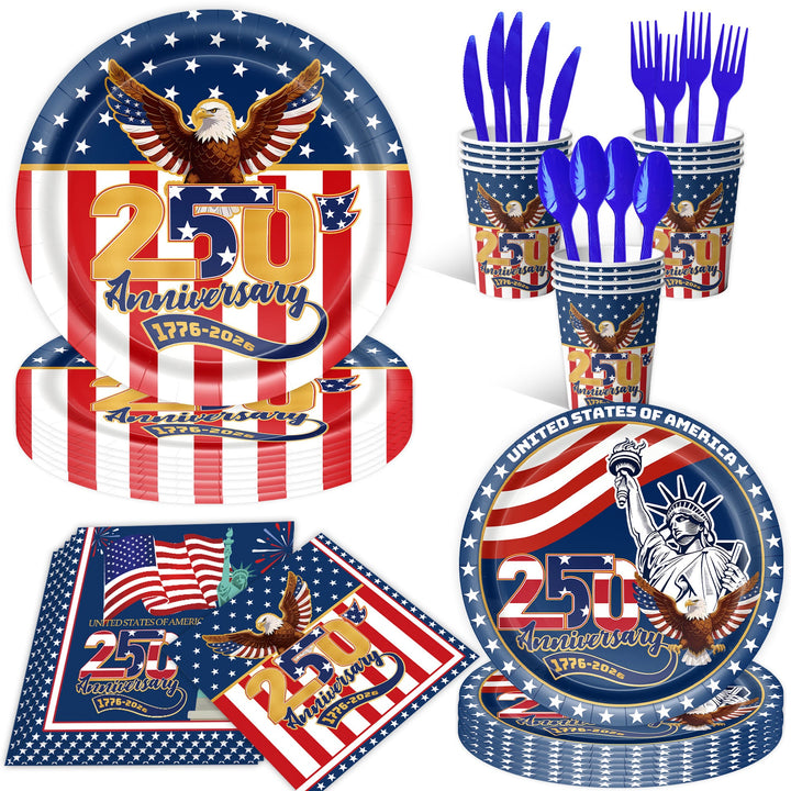 Unisex nan Patriotic Anniversary Disposable Tableware Party Kit with Stars Stripes Plates Cups Napkins Cutlery Banner Kalsten
