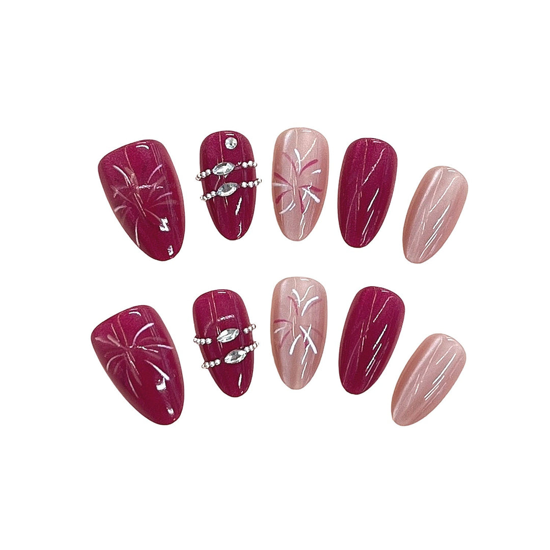 Artistic Press-On Nail Set with Floral Patterns and Gem Accents Kalsten