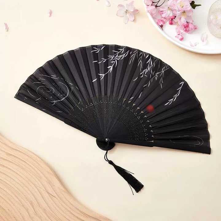 Women One Size Handmade Bamboo Pleated Fan with Hand-Painted Calligraphic Willow Pattern and Decorative Tassels