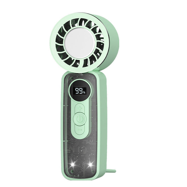 Cooling bladeless micro-turbine handheld fan with OLED battery display and fold-out stand Kalsten