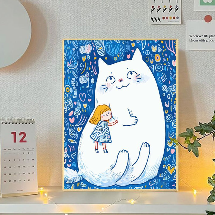 Playful Cat and Girl Illustration Canvas Art Kalsten