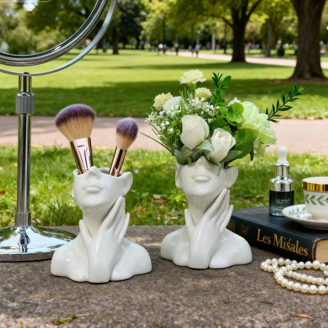 Sculptural Ceramic Face Vase And Makeup Brush Holder Set