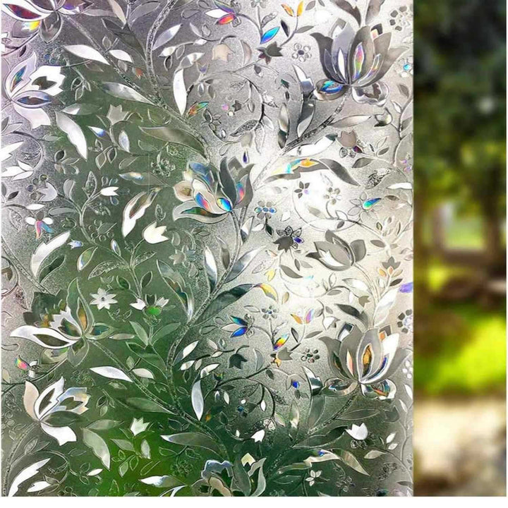 Decorative Privacy Window Film With Embossed Holographic Floral Pattern And Static-Cling Adhesive