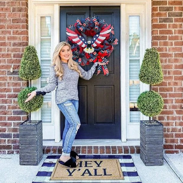 Unisex handmade decorative wreath made of polyester mesh with eagle centerpiece and Americana ribbons Kalsten