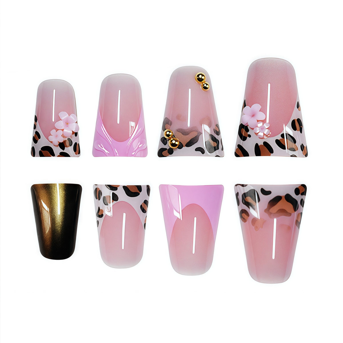 Decorative Press-On Nail Art with Floral and Leopard Accents Acalora