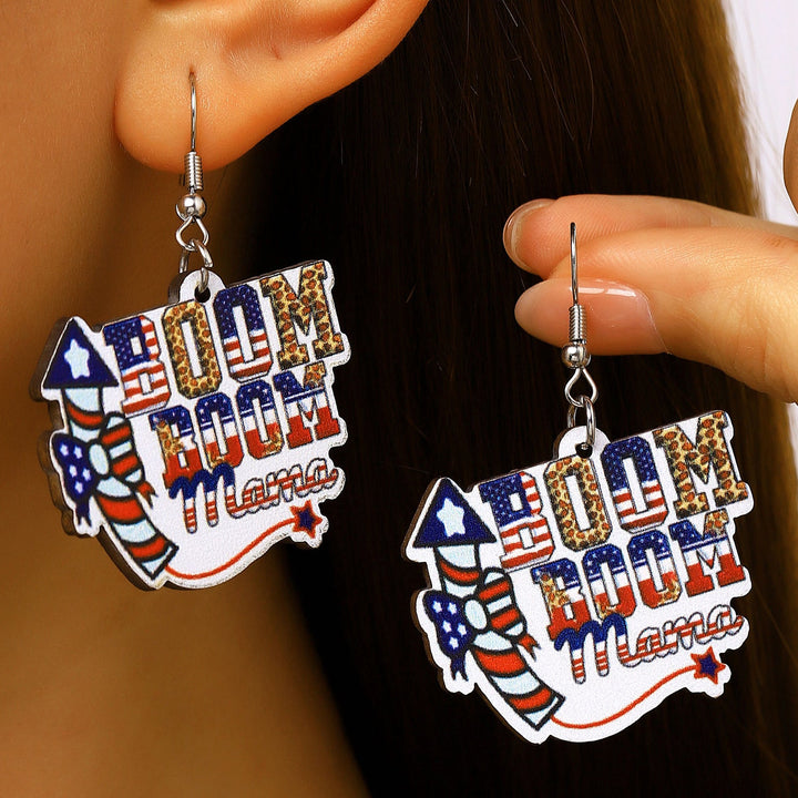 Women's nan patriotic novelty dangle hook earrings with laser-printed wooden fireworks charm Kalsten