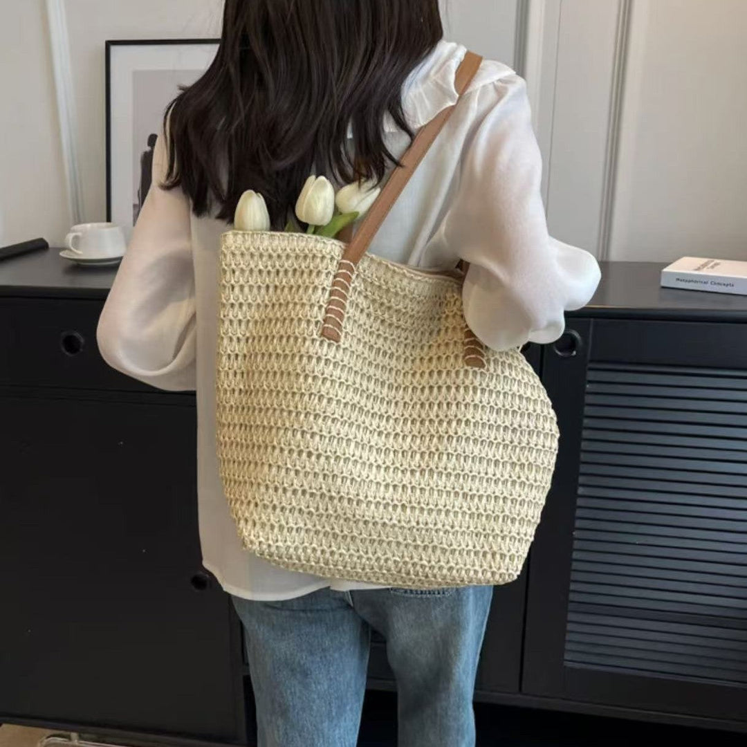 Handbag Made of Woven Natural Material with Leather Carrying Handles Kalsten