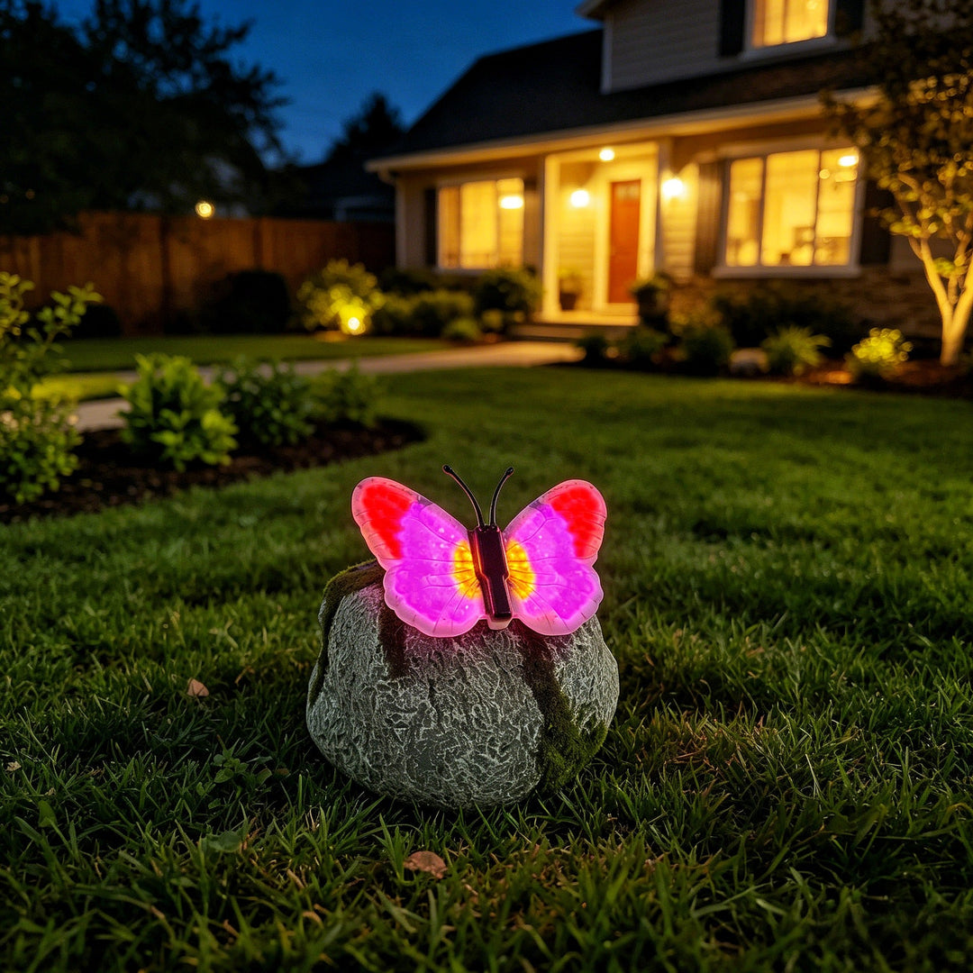 Decorative Solar-Powered Butterfly Perched Stone LED Garden Accent Kalsten