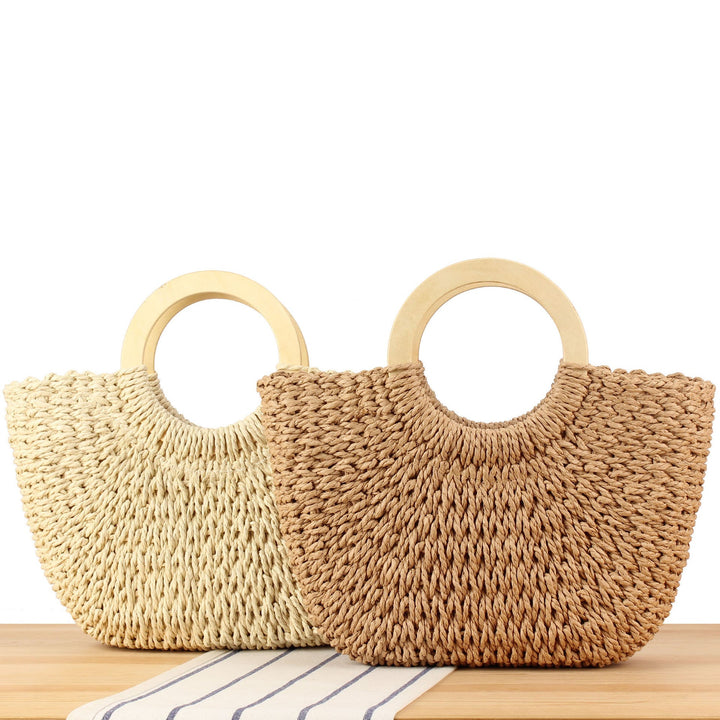 Braided raffia bag with round wooden handles Kalsten
