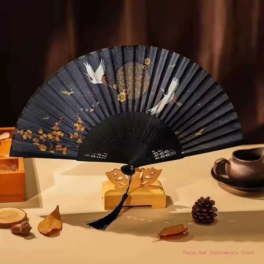 Ladies One Size hand-painted crane and plum blossom fan with carved wood ribs and silk tassel Kalsten