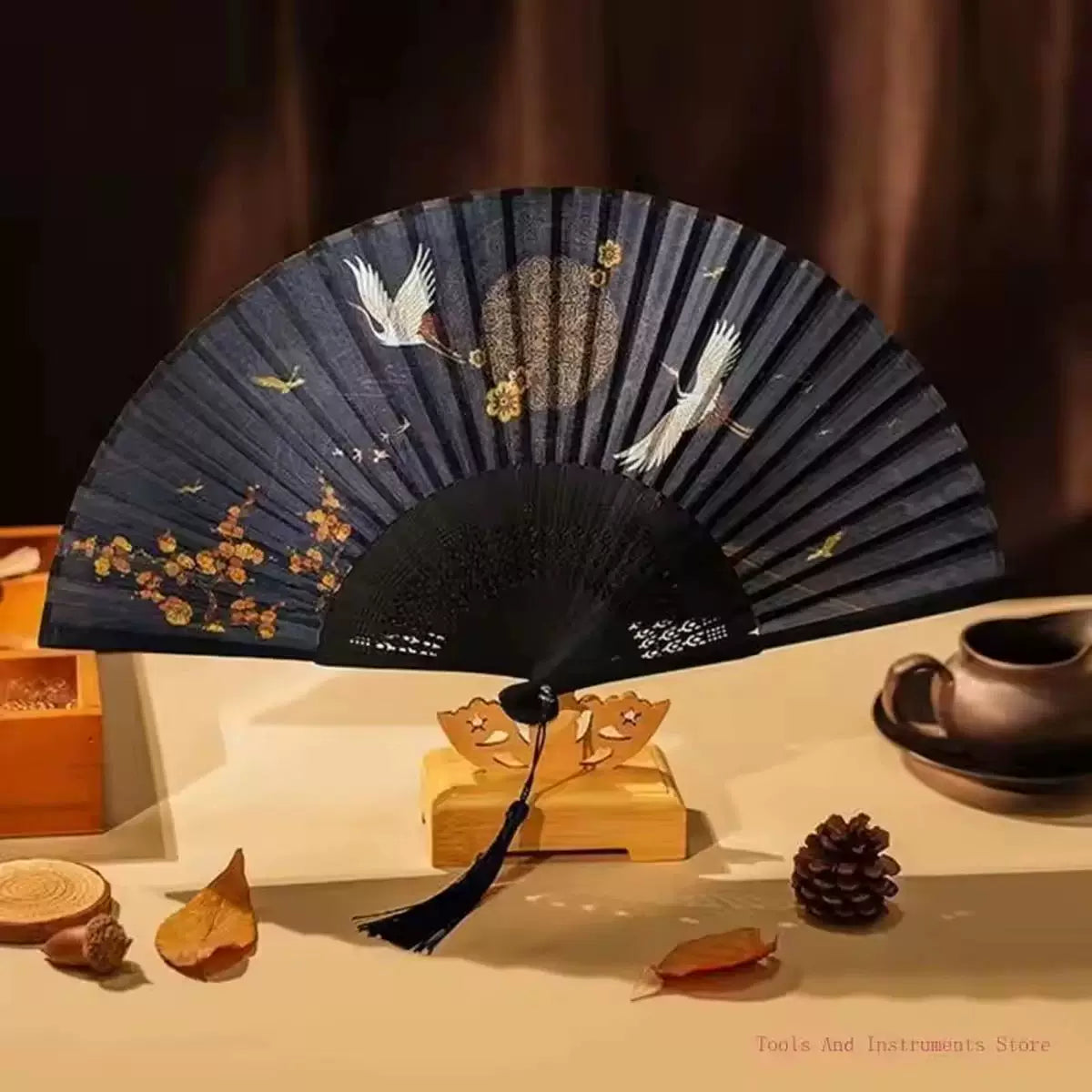 Ladies' one size hand-painted crane and plum blossom fan with carved wooden ribs and silk tassel Brehn