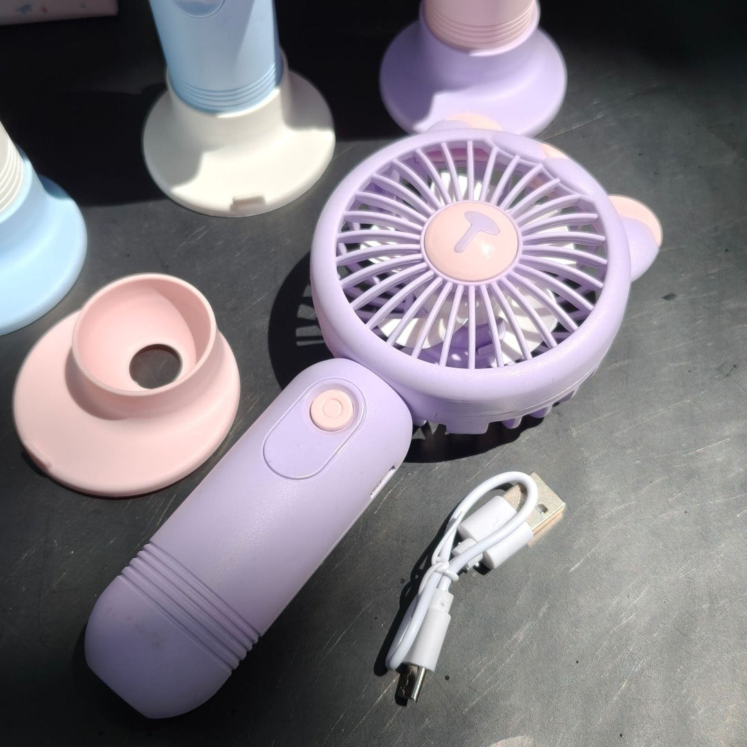 Unisex nan portable rechargeable handheld fan with bear-ear silicone frame foldable desk stand Kalsten