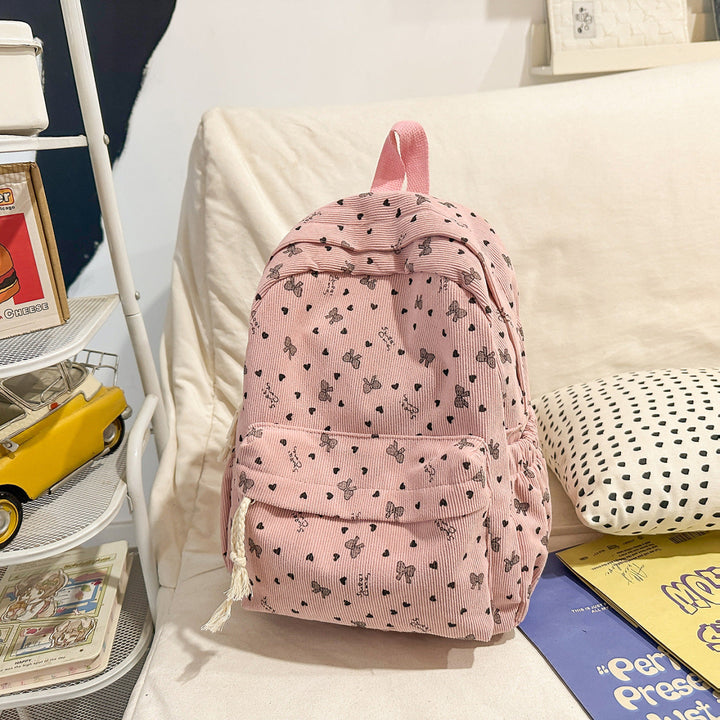Textured Corduroy Backpack with Heart Pattern