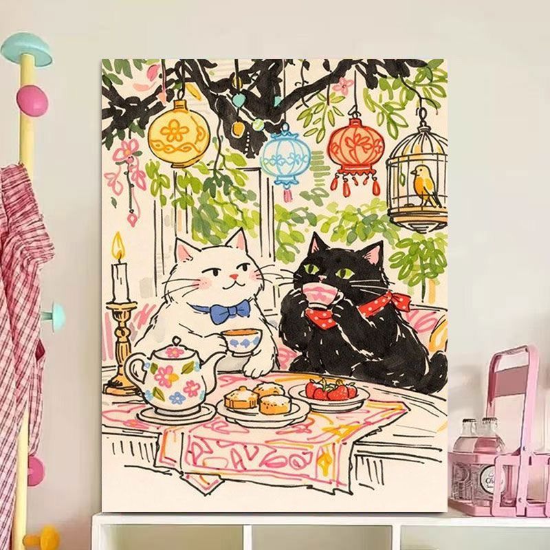 Whimsical Cat Illustration Canvas Art Print Kalsten