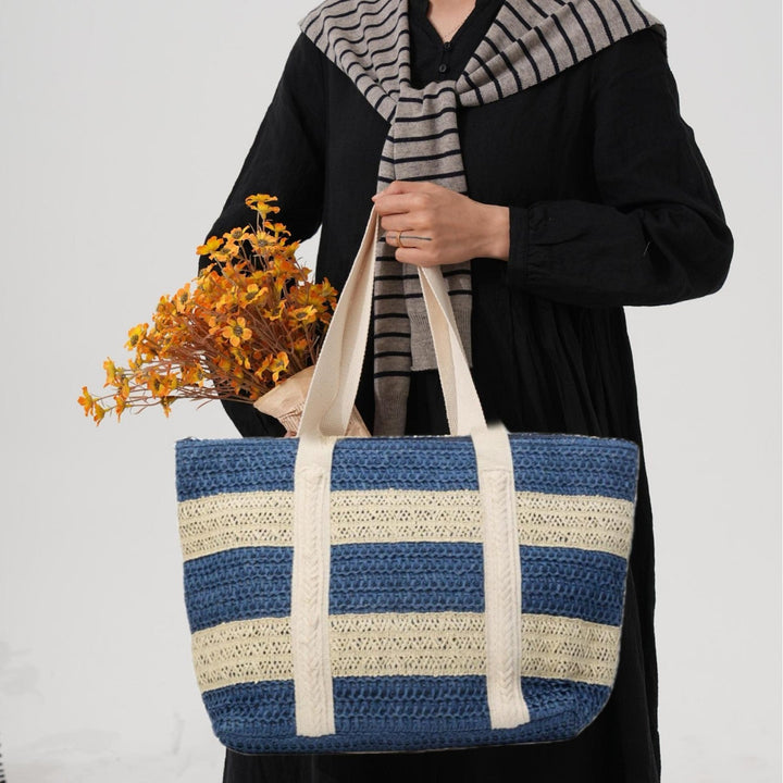 Handcrafted beach bag with distinctive striped design Kalsten