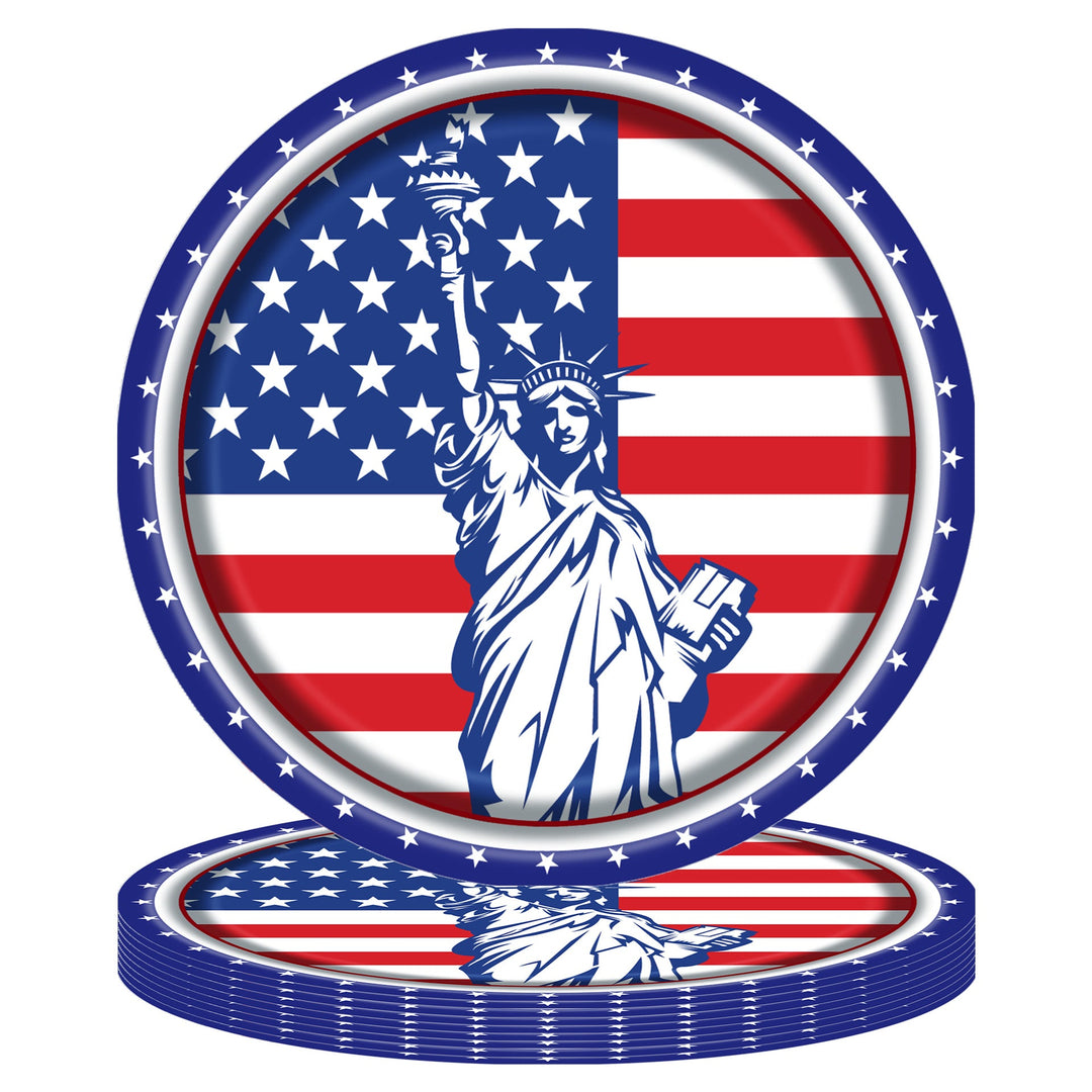 Unisex disposable paper plate with patriotic Statue of Liberty and stars and stripes design, sturdy wide rim Kalsten
