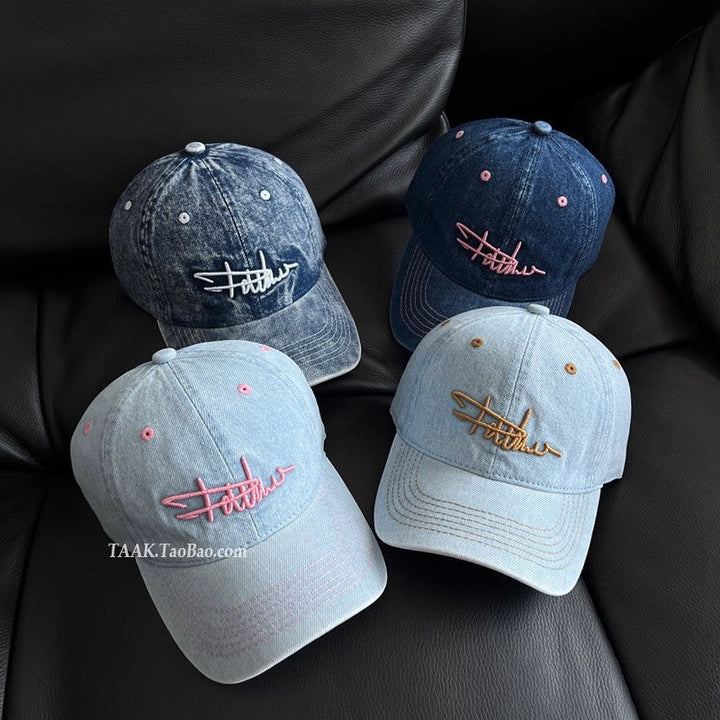 Women's Distressed Denim Embroidered Baseball Cap Kalsten