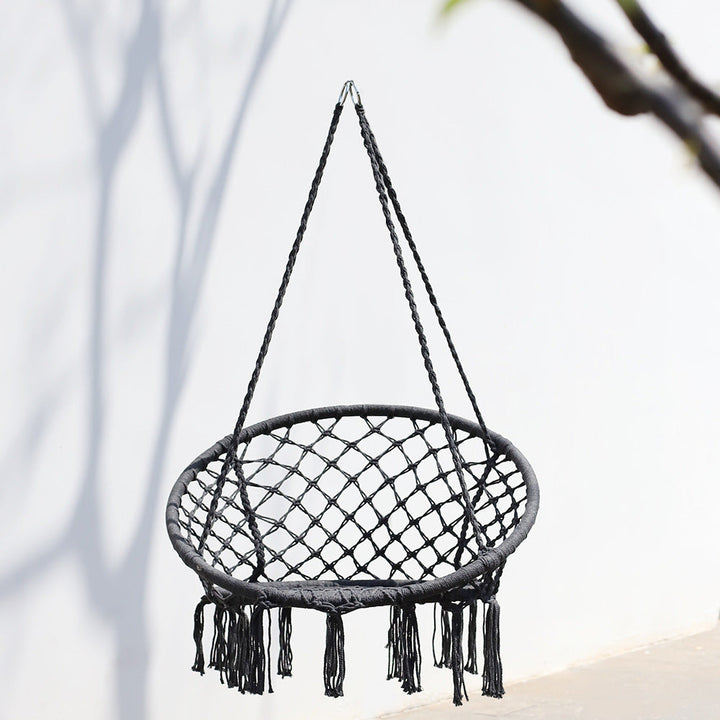 Macrame hanging chair with complete ceiling mounting kit and decorative tassel fringe Kalsten