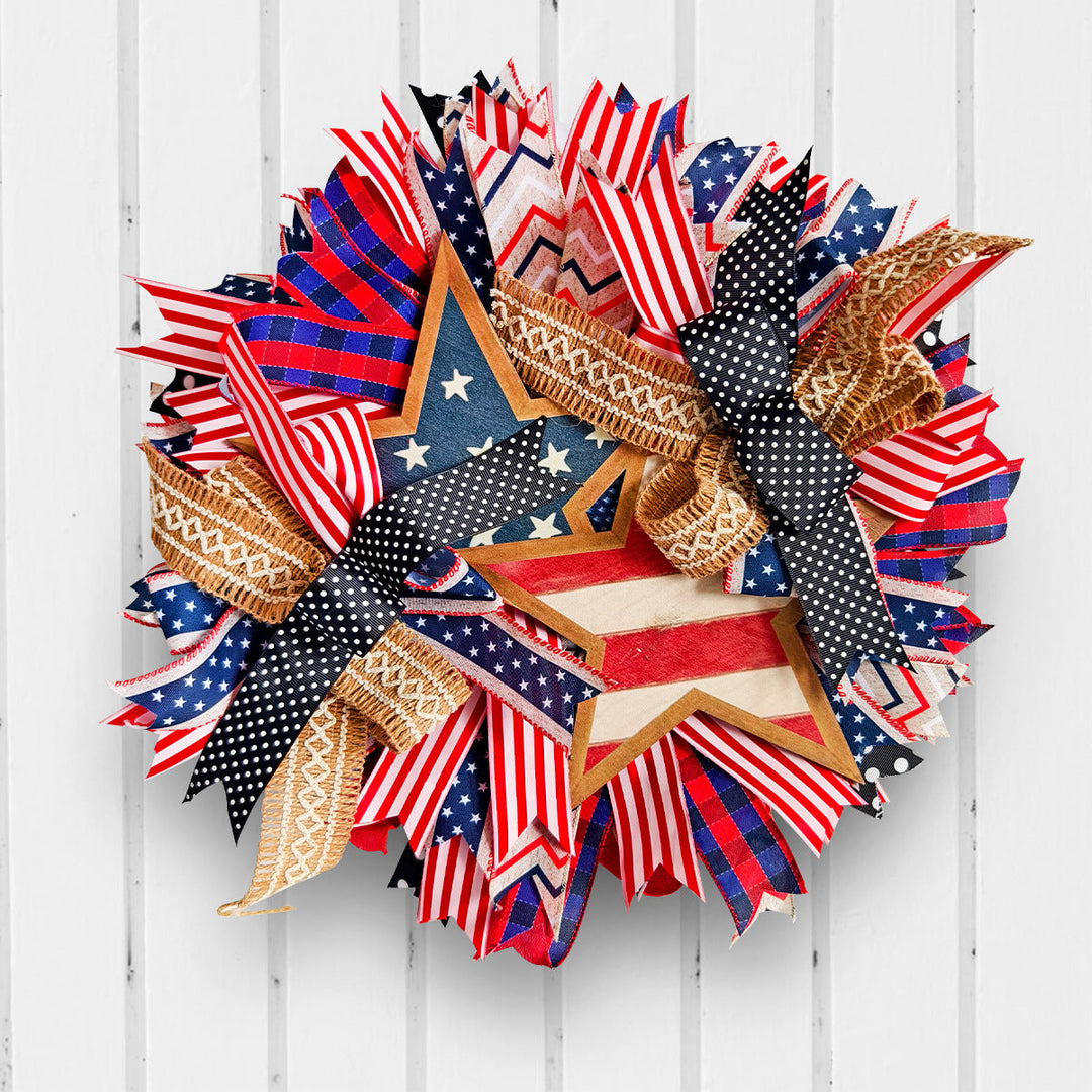 Unisex nan more patriotic USA-inspired door wreath with wooden star and multicolored ribbon arrangements Kalsten