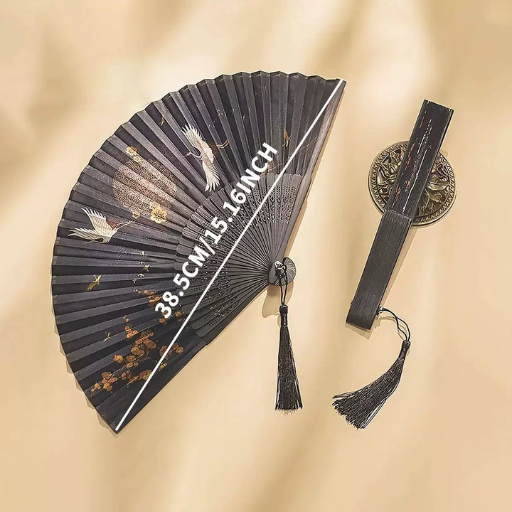 Ladies One Size hand-painted crane and plum blossom fan with carved wood ribs and silk tassel Kalsten