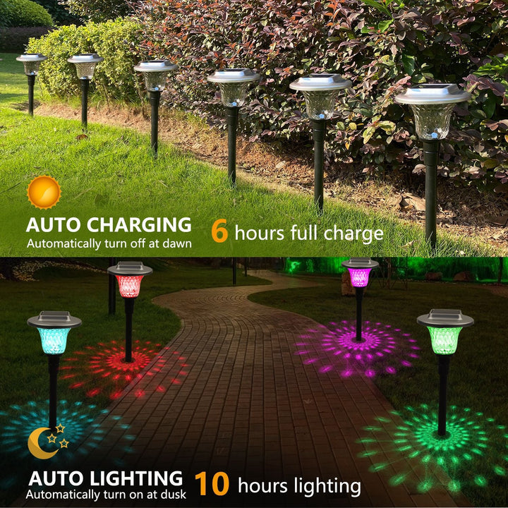 Solar LED Projecting Pathway Stake Lights With Color-Changing Crystal Lens And Dusk-To-Dawn Sensor Kalsten