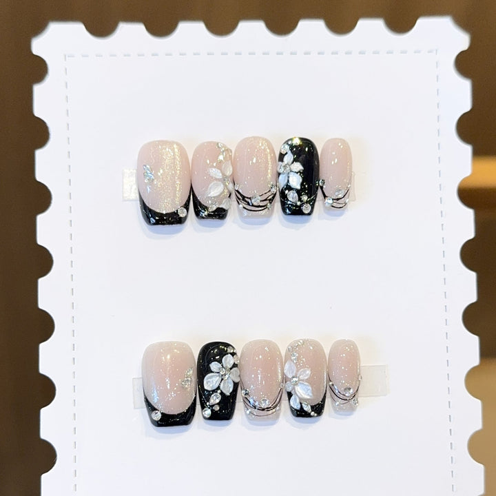 Exclusive artificial nails with floral accents and glitter coating Kalsten