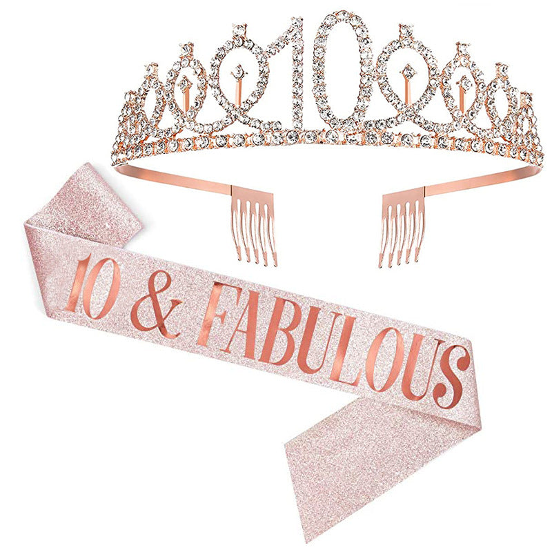 Girl Glittering Birthday Crown and Sash Set Kalsten