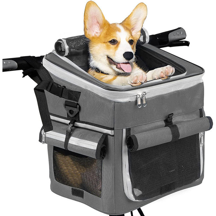 expandable front bike pet carrier basket with dual-access roll-top canopy and organizer pockets Kalsten