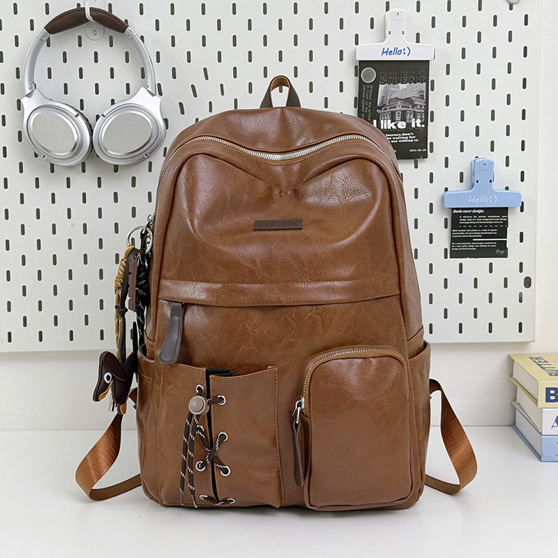 Multi-Pocket Leather School Backpack