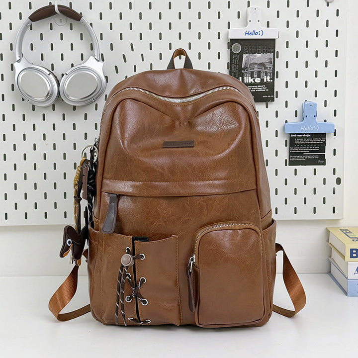 Multi-Pocket Leather School Backpack