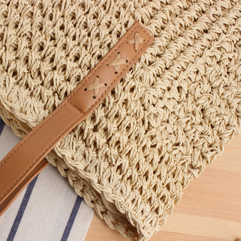 Natural bast shoulder bag with leather handles Kalsten