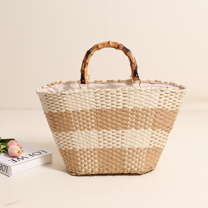 Braided bast bag with bamboo handle and decorative lining Kalsten