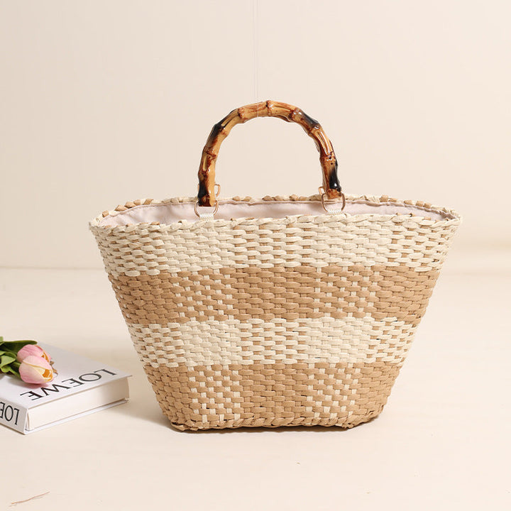 Braided bast bag with bamboo handle and decorative lining Kalsten