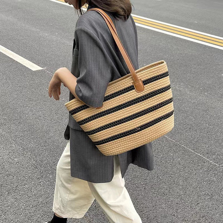 Elegant Tote Bag Made of Woven Bast Material with Robust Leather Accents Kalsten