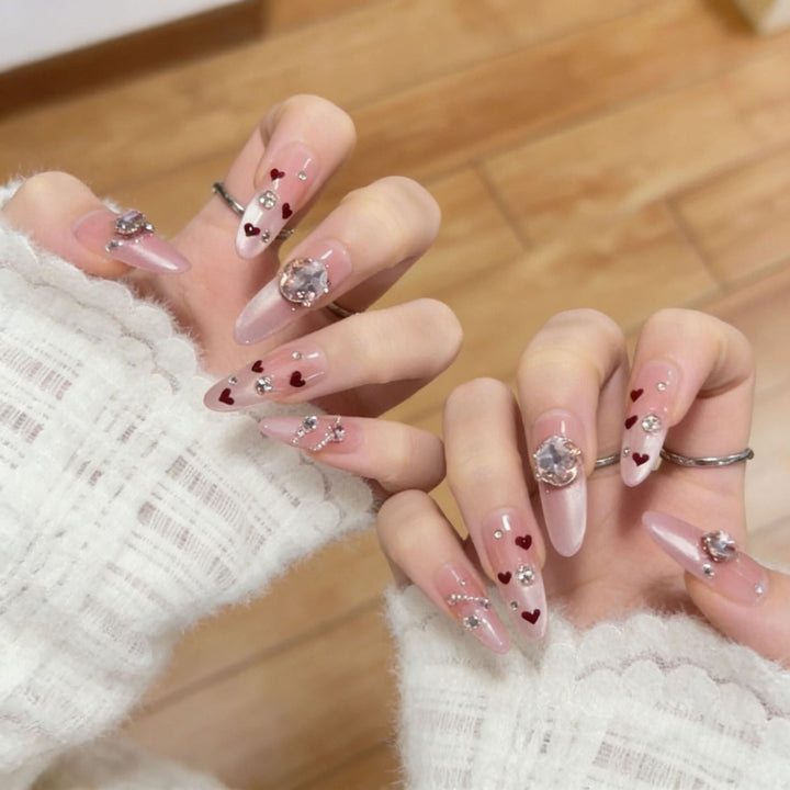Decorative Press-On Nail Art with Heart and Gem Accents Kalsten