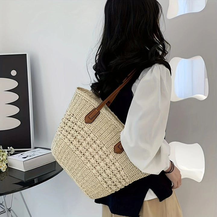Natural basket bag with elegant leather handles Kalsten