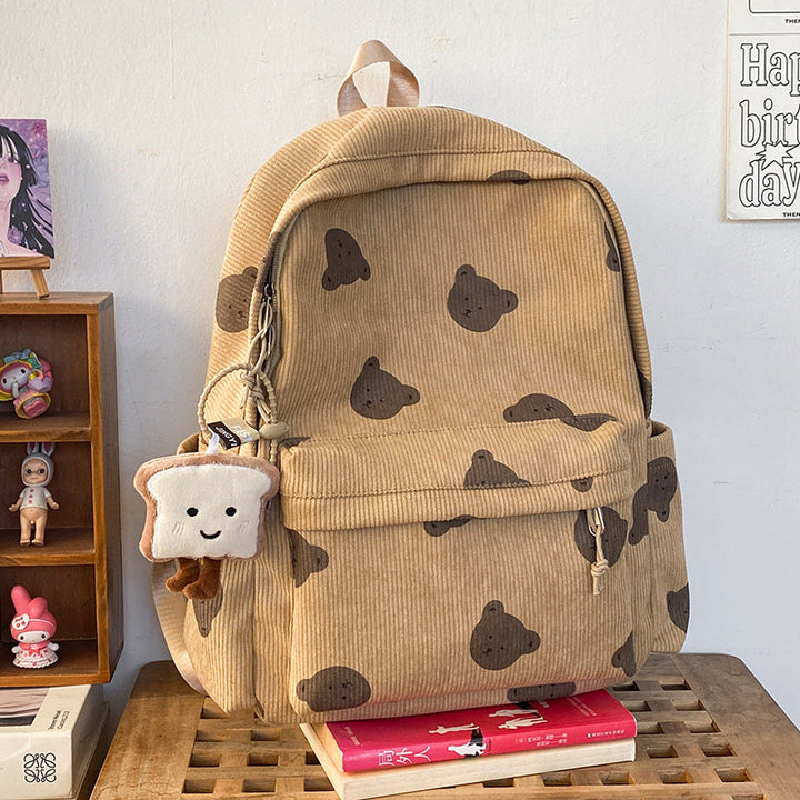 Cute Bear Patterned Corduroy School Backpack