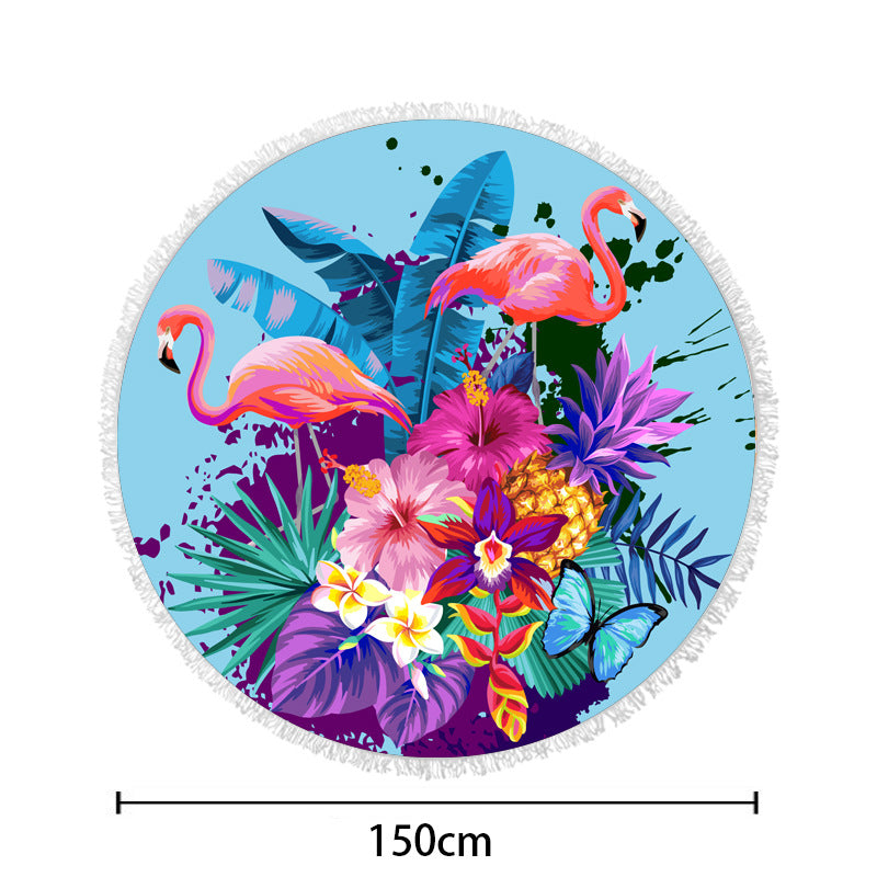 Round beach towel with tropical leaf print and fringe decoration Kalsten