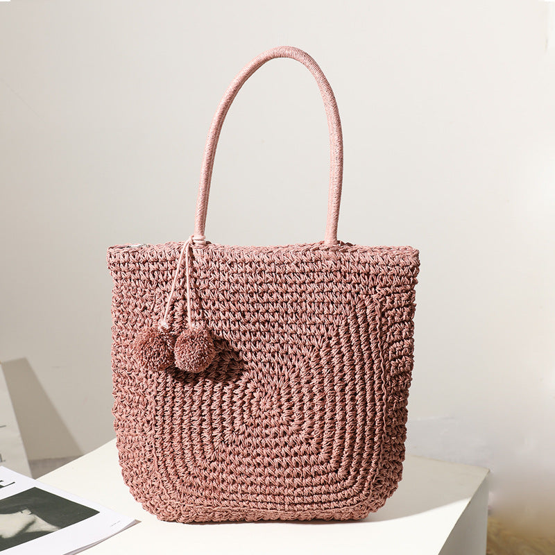 Handmade straw bag with pompom details Kalsten