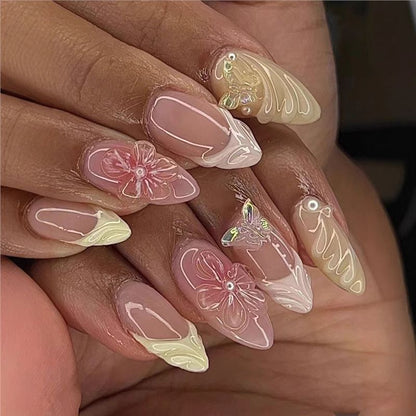 Decorative Stiletto Press-On Nail Art with Floral Accents Acalora