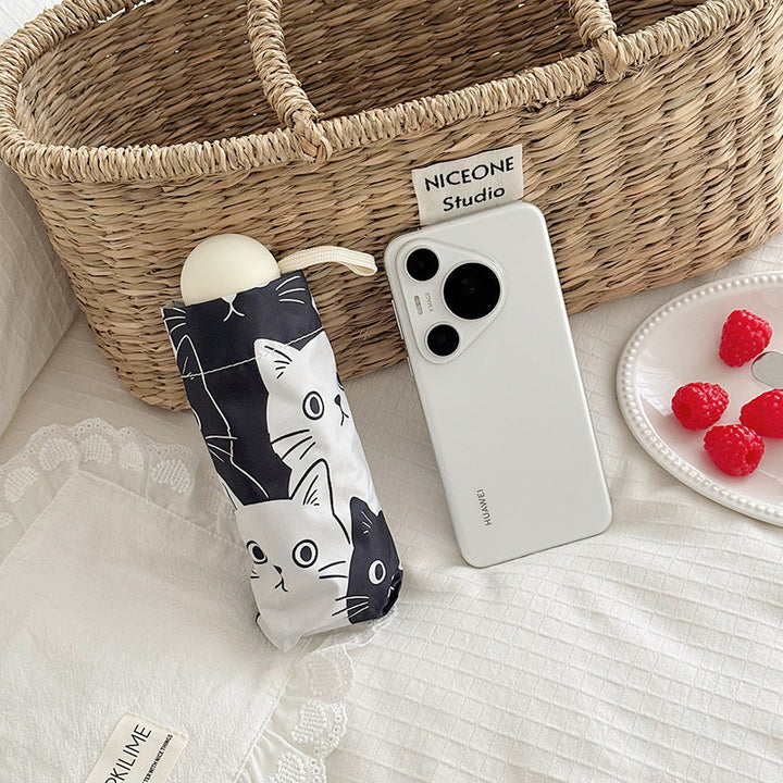 Women Folding Umbrella with Playful Cat Pattern Kalsten