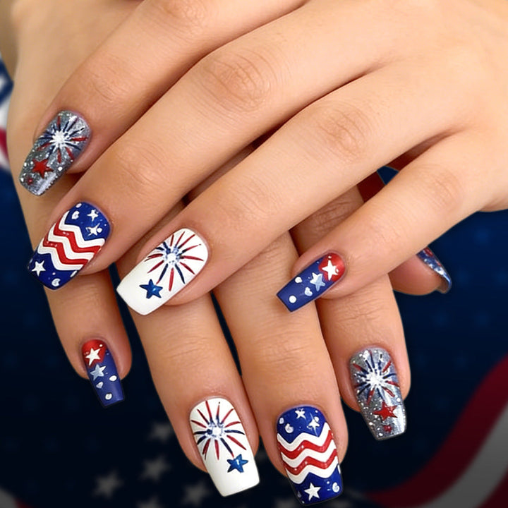 Women's nan patriotic acrylic press on nails set with coffin shape and firework star decals Kalsten