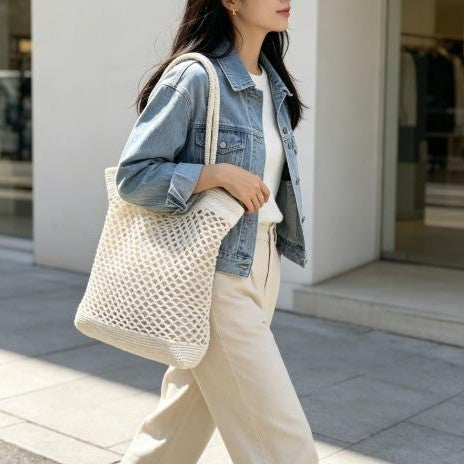Macrame Tote Bag with Modern Mesh Design Kalsten