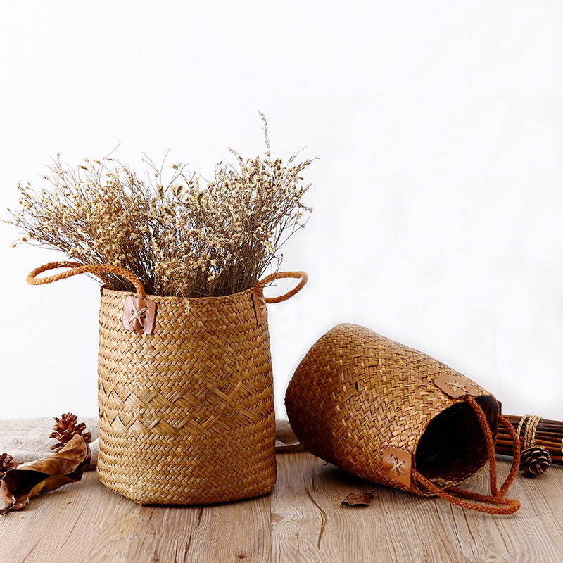 Unisex Handwoven Storage Basket with Leather Handles Kalsten