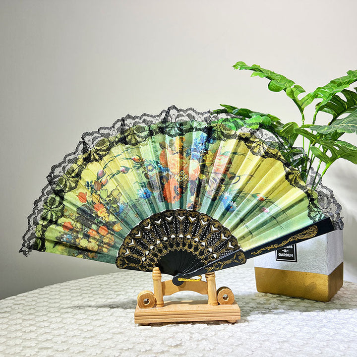 Ladies Elegant Hand Fan with Floral Design and Lace Edges Kalsten