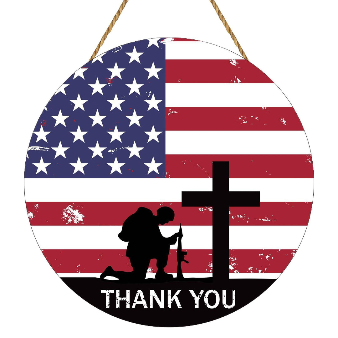 Unisex nan round wooden wall plaque with cross and soldier silhouette as well as jute rope hanging Kalsten