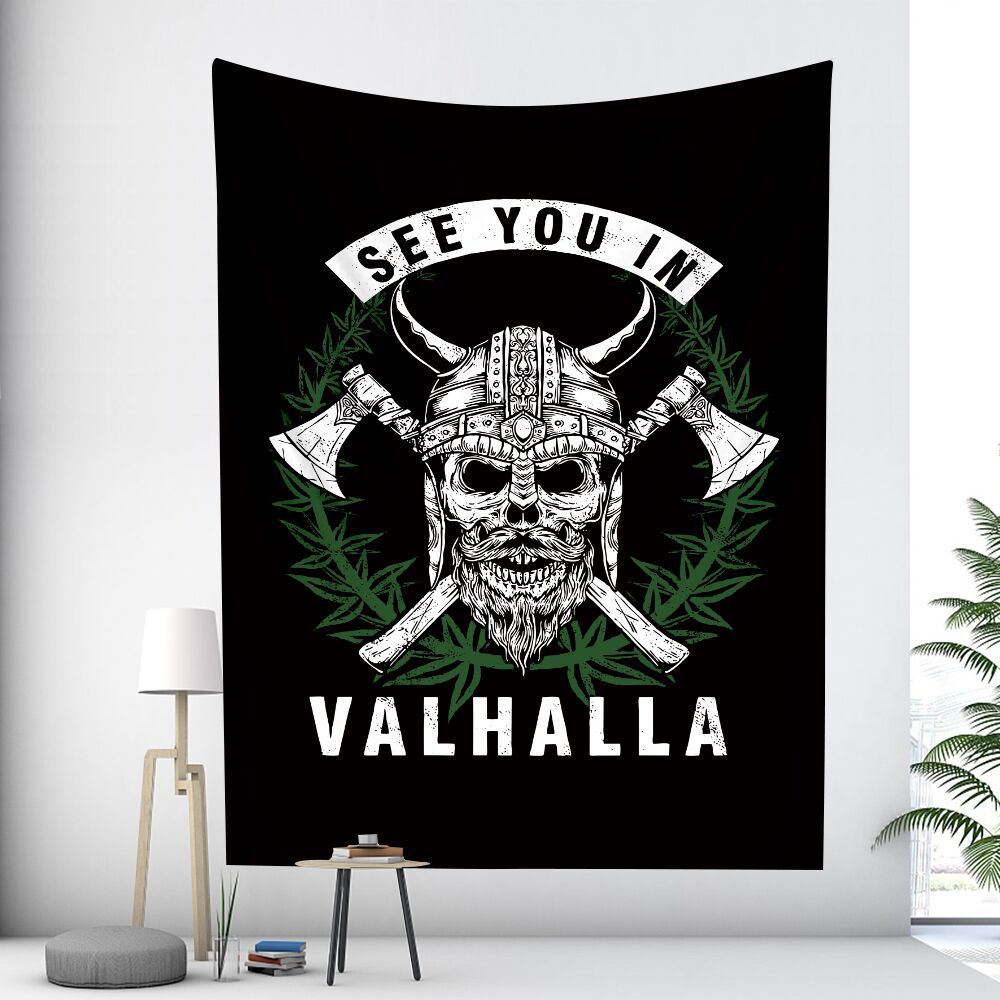 Large Woven Wall Tapestry Featuring Viking Skull Helmet And Crossed Axes Graphic
