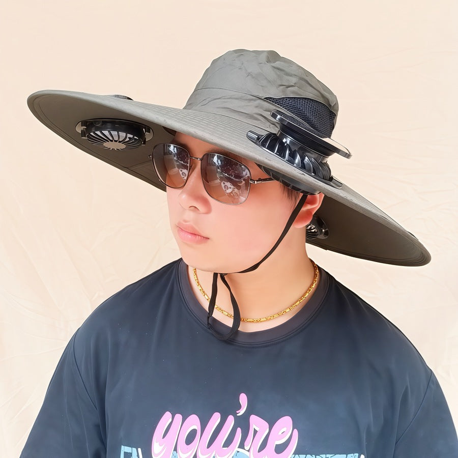 Wide-brimmed sun hat with detachable swivel solar fans and adjustable chin strap Kalsten