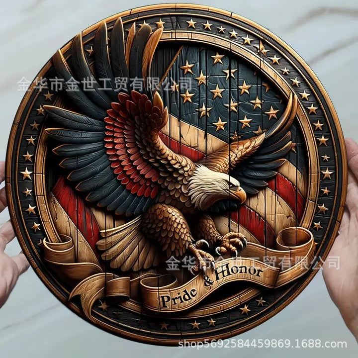 Independence Day rustic round wooden patriotic cross wall plaque with floral accents and God Bless America banner Kalsten